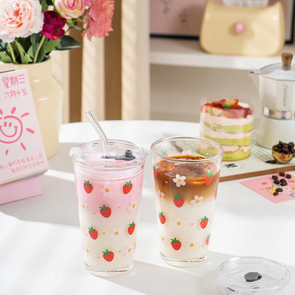 Olvini 15oz Glass Tumbler with Straw and Lid, Cute Iced Coffee Cups, Aesthetic Glass Cups, Coffee Tumbler, Water Cup, Matcha Cup, Drinking Glasses (Clear)