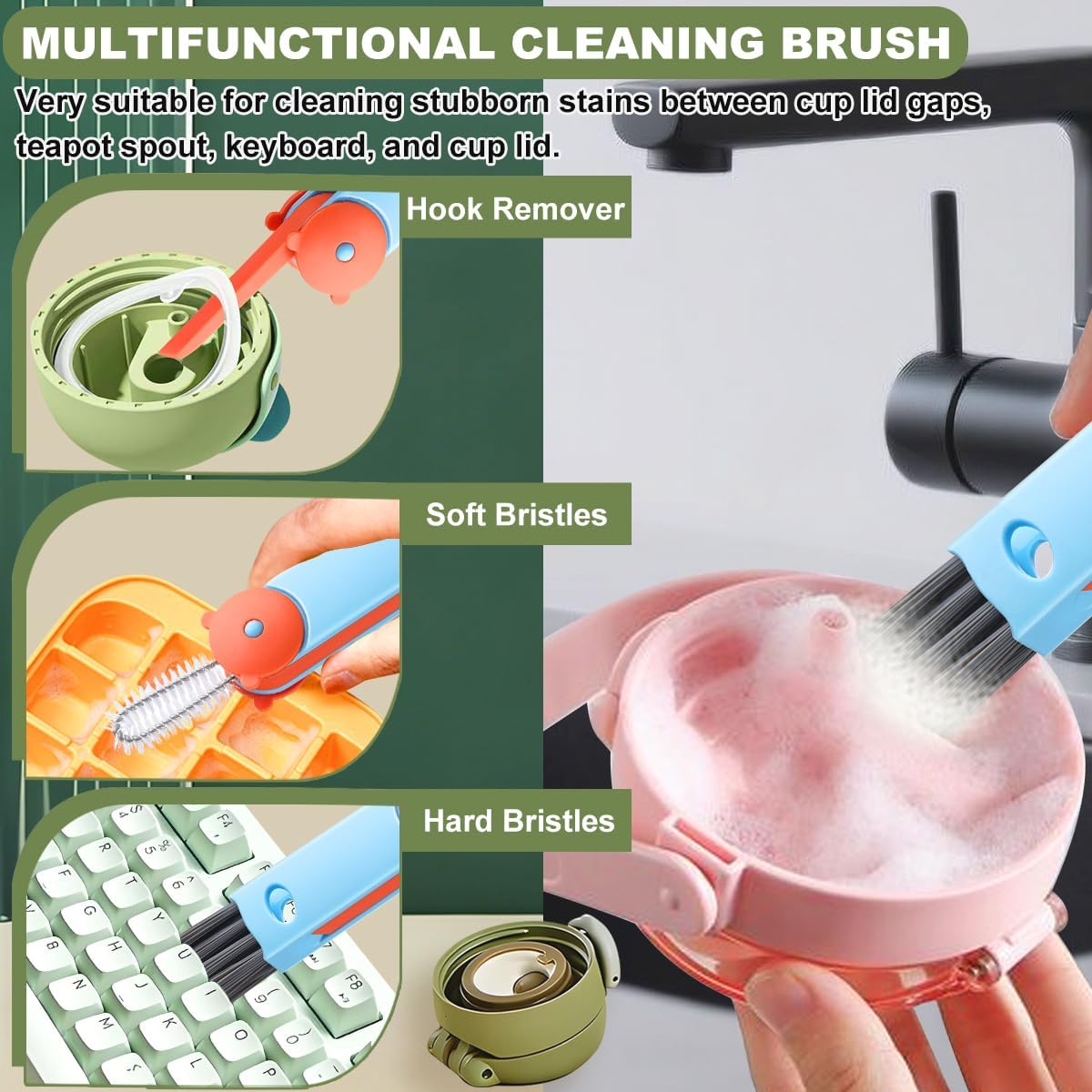 3 in 1 Cup Lid Cleaning Brush, Portable Cup Cleaner Brush, New Water Bottle Lid Cleaner Brush, Multifunctional Cleaning Brush - Home Kitchen Cleaning Tools for Tight Spaces & Bottle Gaps, 3 PCS