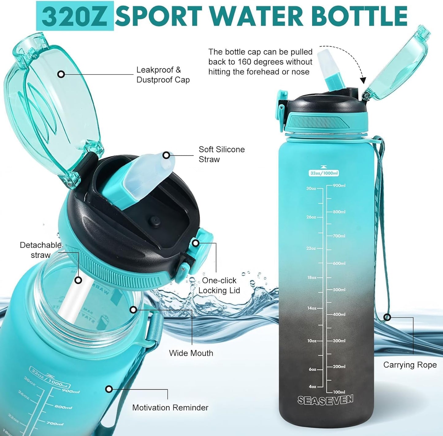 Water Bottle with Straw 1L,Boys Water Bottles with Straw 1 Litre,Waterbottle Leak-Proof Sports Water Bottle,Plastic Drinks Bottles Toxin Free，Bpa-Free (Cyan Black)