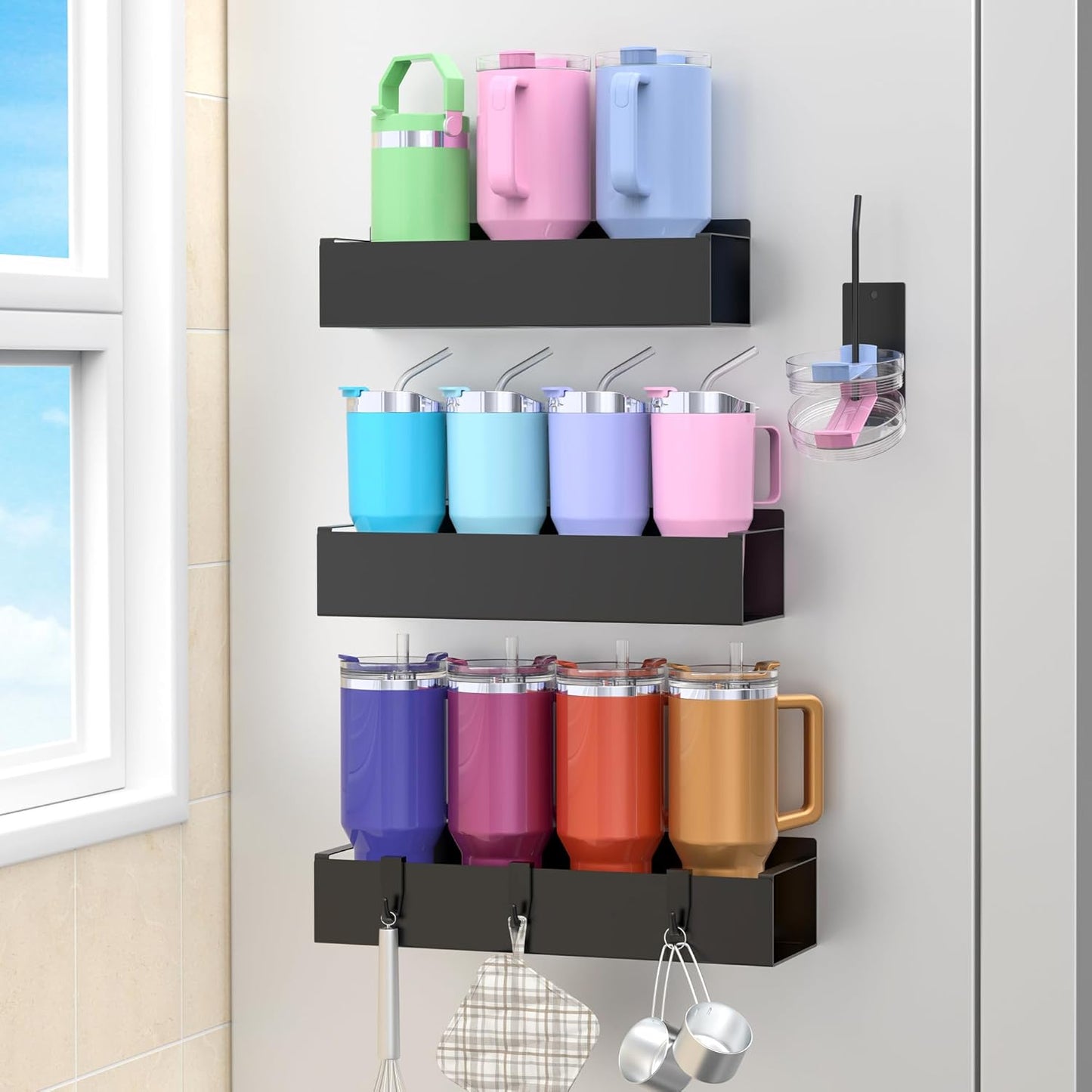 HuggieGems Magnetic Water Bottle Holder for Refrigerator, Cup Holder Organizer for Stanley and Tumbler for Kitchen, 4 Pack, Black