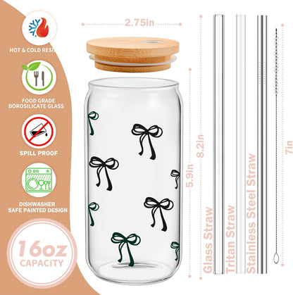 Coquette Cute Pink Bow Glass Cups with Lids and Straws, Aesthetic Iced Coffee Matcha Cup, Girly Preppy Design Tumbler Mug, Valentines Christmas Birthday Gifts for Women, Teen Girl Gifts Trendy Stuff