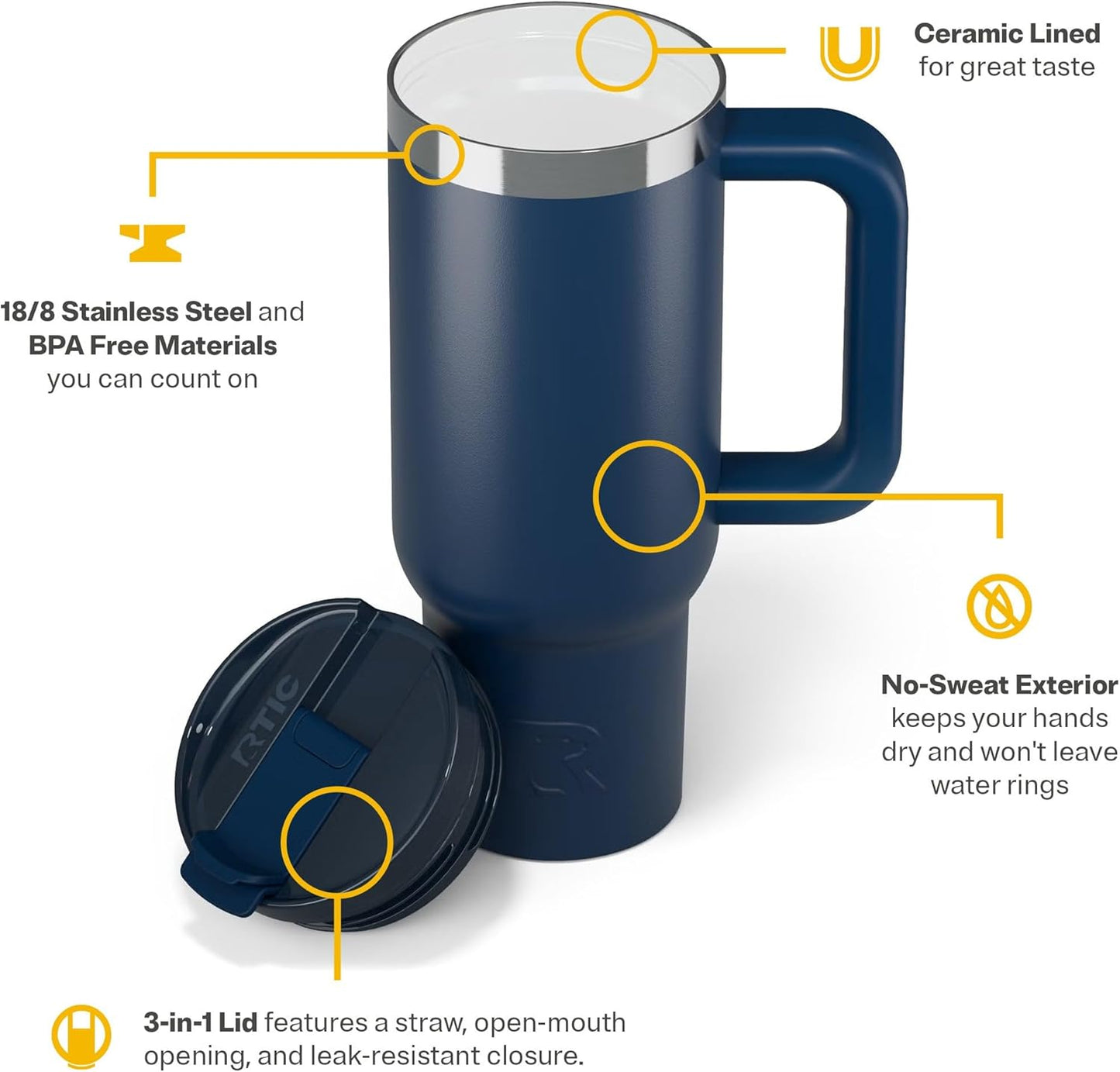 RTIC 30 oz Road Trip Tumbler Double-Walled Ceramic Lined InsulatedStainless Steel Portable Travel Coffee Mug Cup with Lid, Handle and Straw, Periwinkle Bouquet
