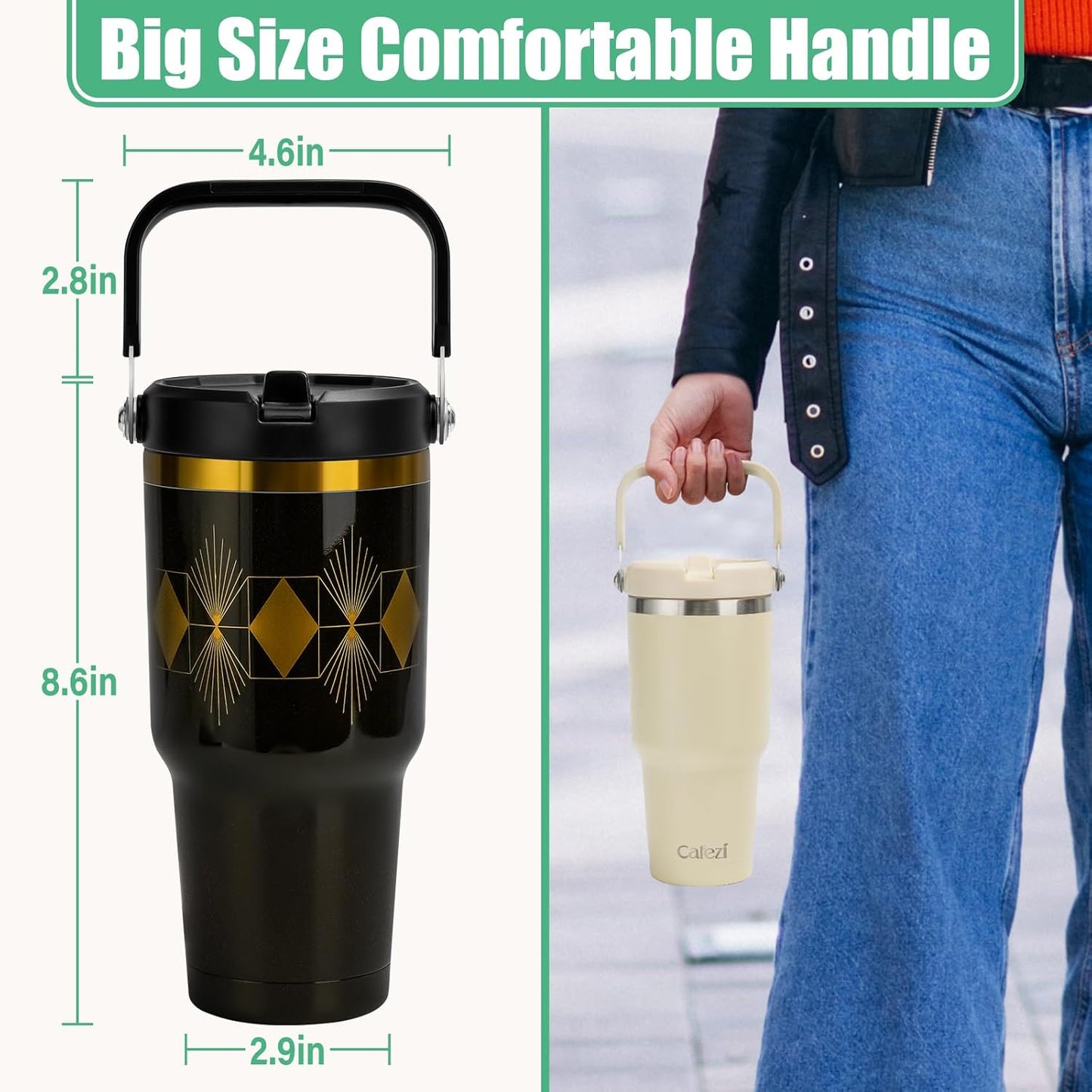 40 oz Insulated Tumbler with Top Handle and Flip Straw, Vacuum Insulated Stainless Steel Cup with Leak-Proof Lid, Sweat-Free, Fits Cup Holder, Keeps Ice Cold up to 30 Hours