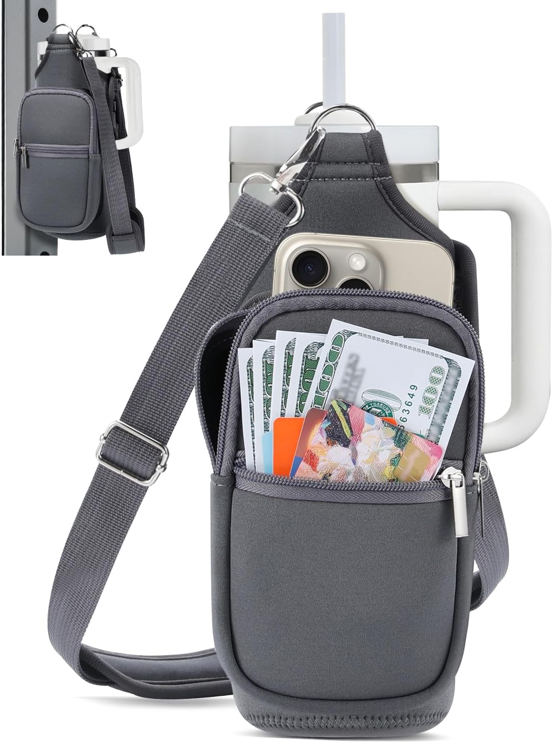IPOW Magnetic Gym Bag Water Bottle Carrier Holder with Phone Pockets & Shoulder Strap for Men Women,Water Bottle Holder, Gym Pouch, Crossbody Bag for Travel, Sports, Work, Fitness - Black