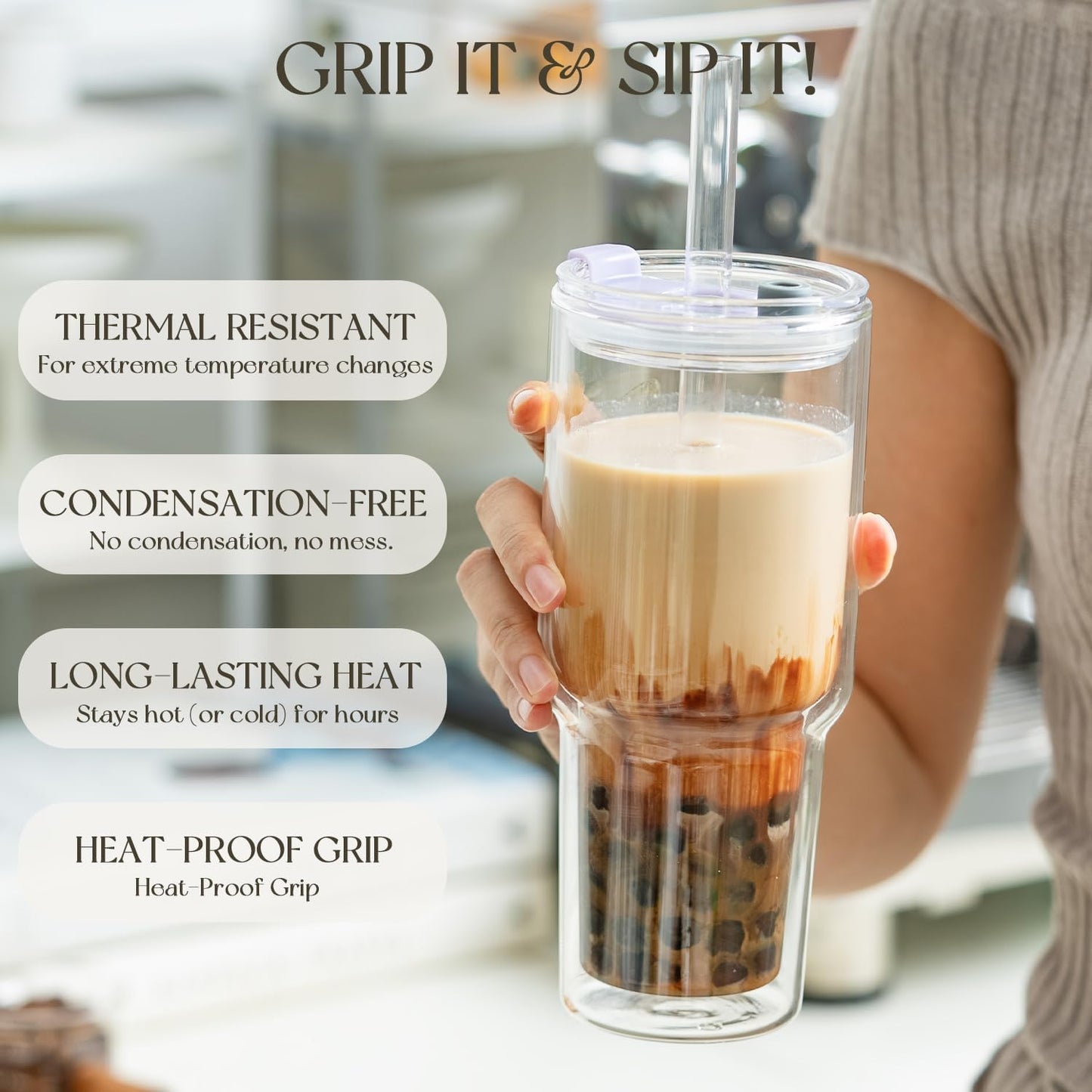 KEMORELA 28 oz Double Wall Glass Tumblers Set of 2, Extra-Wide 13mm Reusable Drinking Straws, Boba Tumbler, Wide-Mouth Water Cups for Iced Coffee, Smoothies, Boba & Tea Lovers (Clear)