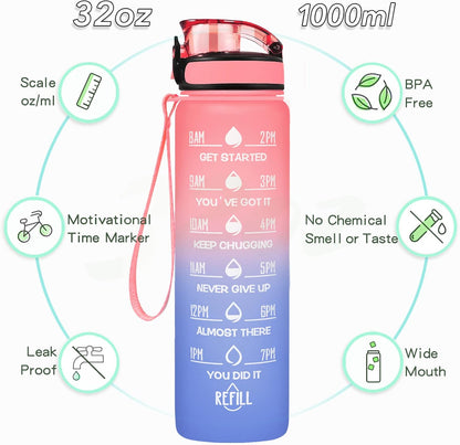 Enerbone Water Bottle, Leakproof BPA & Toxic Free, Motivational Water Bottle with Times to Drink and Straw, Fitness Sports Water Bottle with Strap for Office, Gym, Outdoor Sports