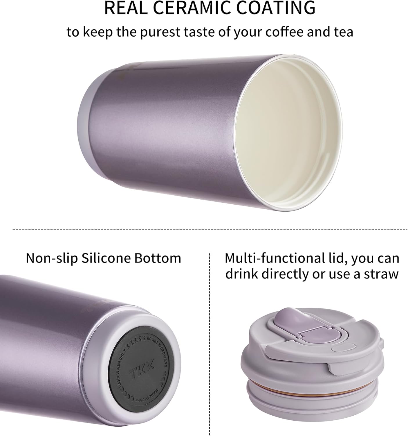 TKK Coffee Cup with Ceramic Coating - 14oz Insulated Stainless Steel Travel Mug, Leak-Proof Tumblers with Straw for Hot/Cold Beverages, Easy Wide Mouth Cleaning, White
