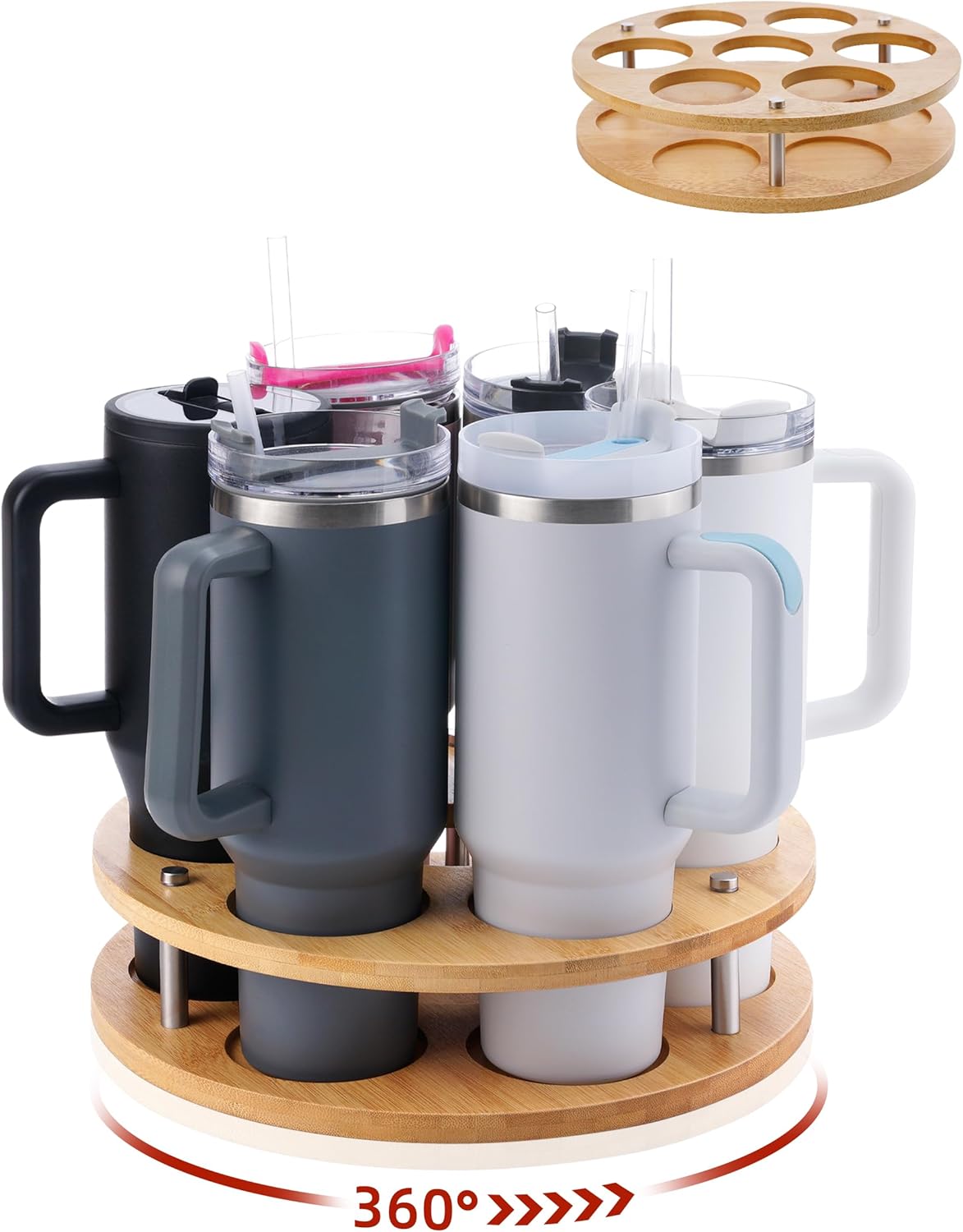 Rotating Wood Tumbler Organizer, 30 oz 40 oz Spinning Turnable Tumblers Holder, 360° Rotatable 7 Large Cups Bottle Tumbler Storage Display Stand, Rotate Syrup Organizer for Cabinet Countertop