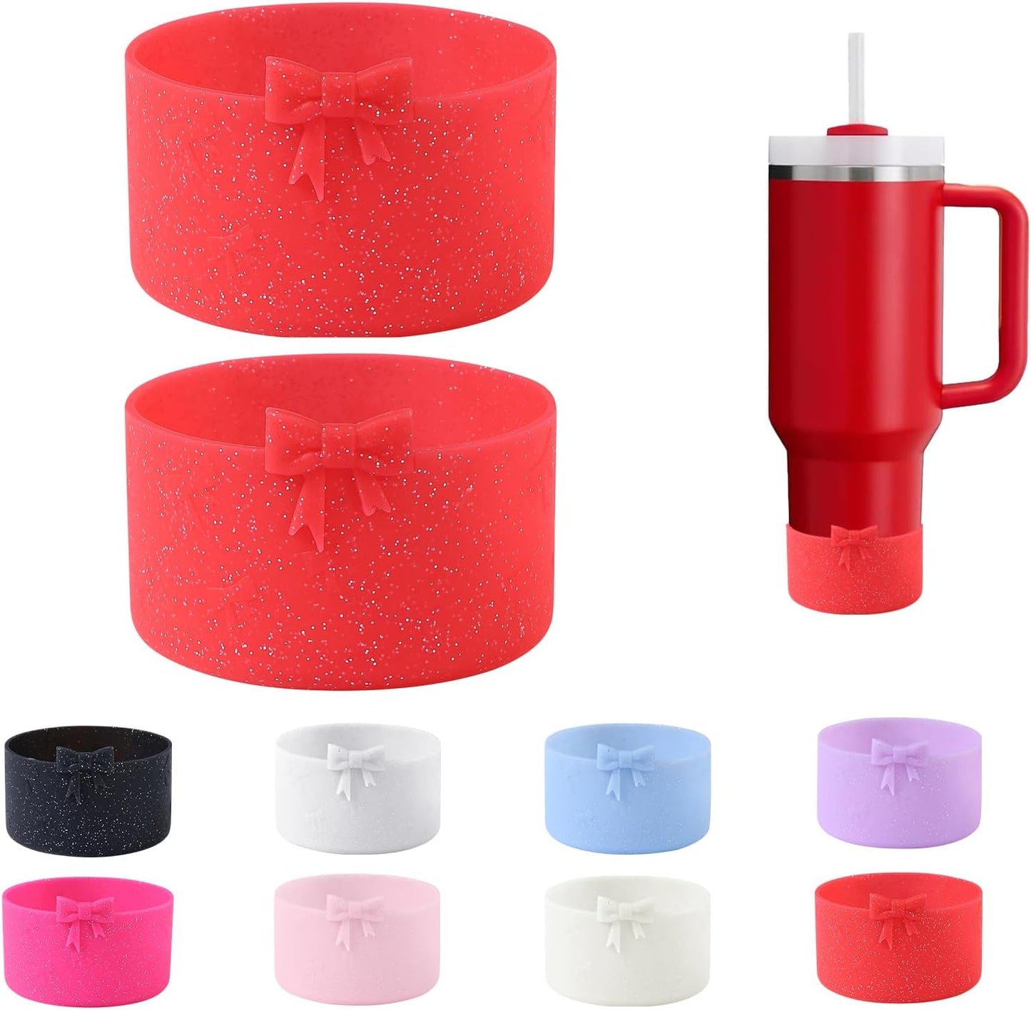2PCS Bow Silicone Boot for Stanley Quencher Tumbler 30oz 40oz & IceFlow 20oz 30oz& Hydro Flask Water Bottle 12-24 oz Protective Bottom Sleeve Cover for Stanley Cup Accessories& Owala 24oz