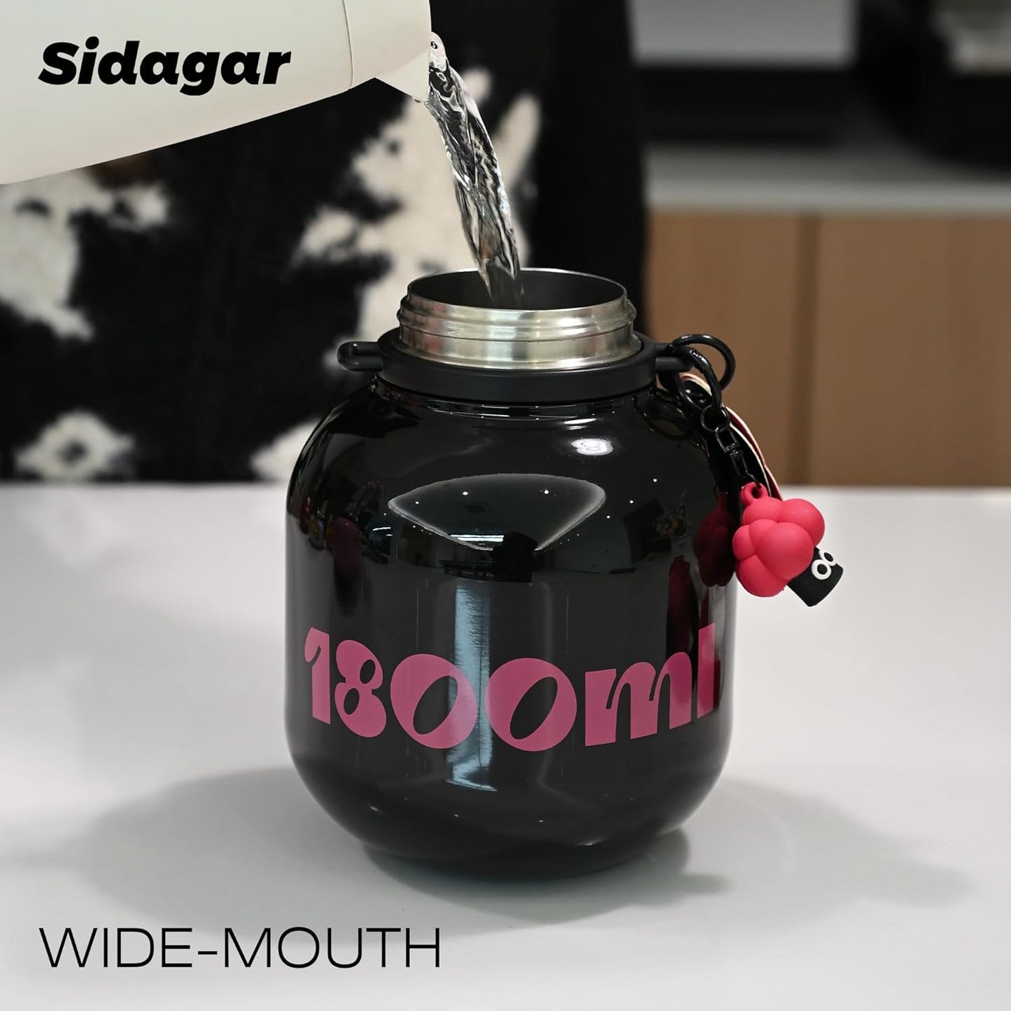 60 oz Big Gallon Water Bottle with Straw and Carry Handle, Black Wide Mouth Vacuum Water Jug, Insulated Stainless Steel Bottles; Heavy-Duty Aesthetic Yoga Flask for Women, Sweet & Cool Black