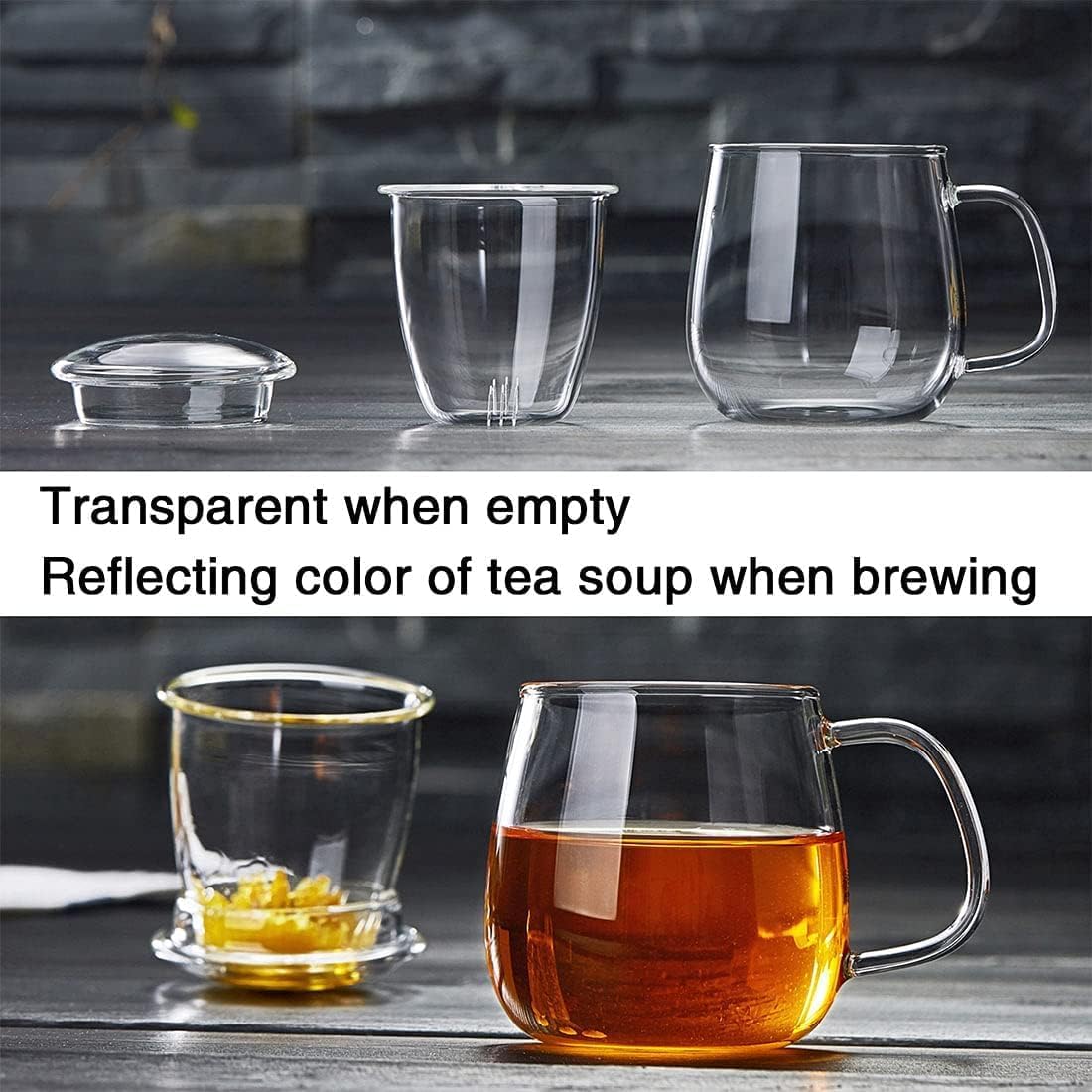 DOPUDO Glass Tea Cup with Infuser and Lid, 17.6oz/520ml Large Borosilicate Teacup,Tea Glass, Clear Mug for Loose Leaf Tea, Blooming Tea, Microwave & Dishwasher Safe - Tea Maker Gift for Birthday.