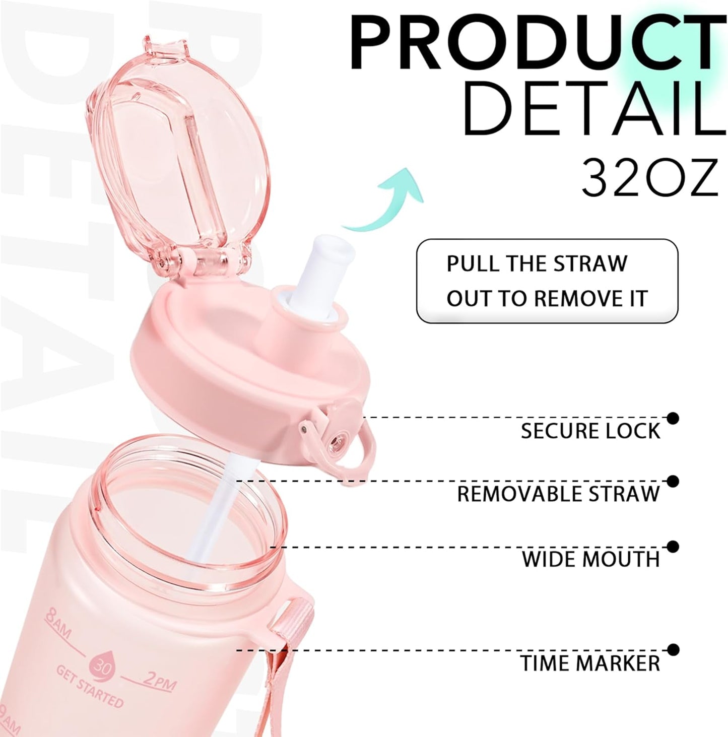 32oz Water Bottle with Time Marker, Motivational Drinking Bottle with Strap, BPA-Free Leak-Proof, Encouraging Water Bottle Time to Drink Water for Gym School Office Travel