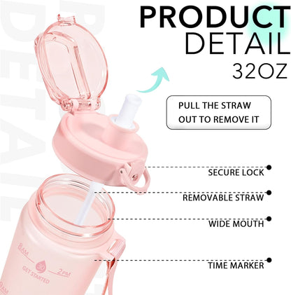 32oz Water Bottle with Time Marker, Motivational Drinking Bottle with Strap, BPA-Free Leak-Proof, Encouraging Water Bottle Time to Drink Water for Gym School Office Travel