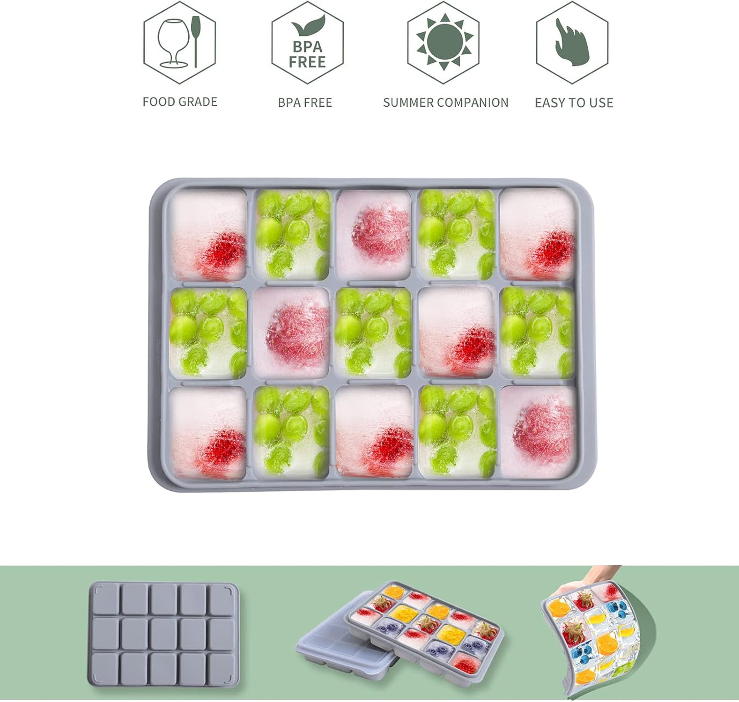 Ice Cube Trays Set of 2, Easy Release 15 Flexible Silicone Ice Cube Molds with Removable Lid Reusable Freezer Ice Trays Stackable for Whiskey, Baby Food, BPA Free (BAMBOO GREEN)