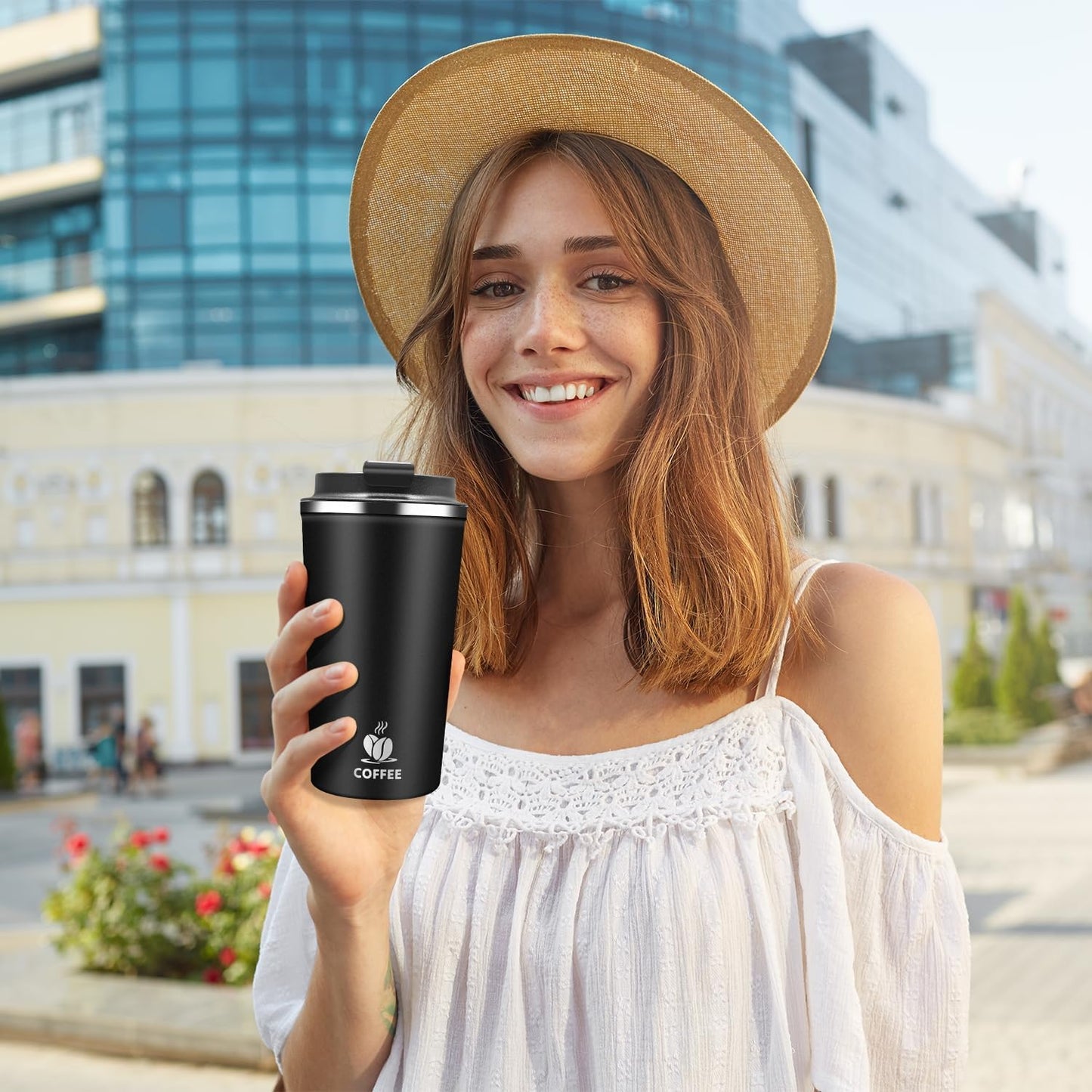 Insulated Travel Coffee Mug Reusable Coffee Tumbler Cup with Flip Lid Leak Proof Spill Proof for Office School Party Camping Hot and Cold Drink,Stainless Steel 17oz (Black)
