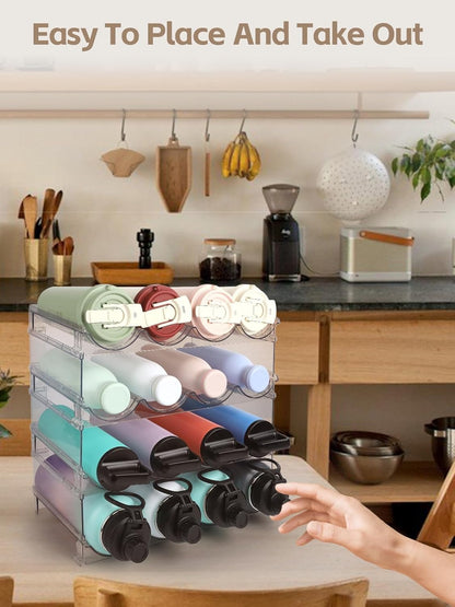 Stackable Water Bottle Organizer, 4-Tier Clear Large Compartment Holder with Stable One-Piece Side-Panel Design, Prevents Tipping & Rolling for Cabinet & Kitchen Storage, Holds 16 Bottles