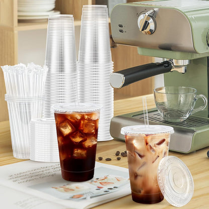 Lamosi 100 Pack 20 oz Clear Plastic Cups with Lids and Straws, Disposable Iced Coffee Cups with Lids for To-Go Cold Drinks, Smoothies and Slushie