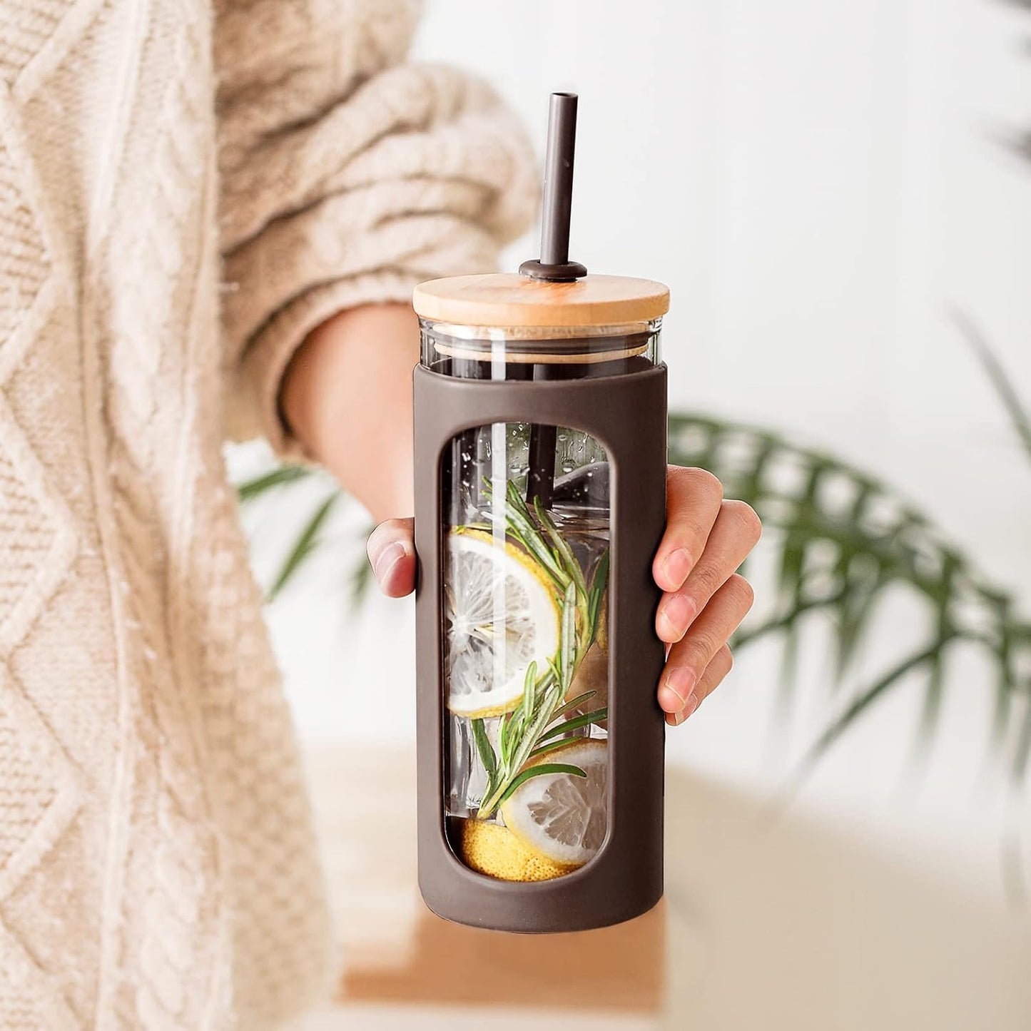 Kodrine 20oz Glass Water Tumbler with Straw and Lid, Bamboo Lids Water Bottle, Iced Coffee Cup Reusable, Wide Mouth Smoothie Cups with Protective Silicone Sleeve BPA FREE-Black - Colors A