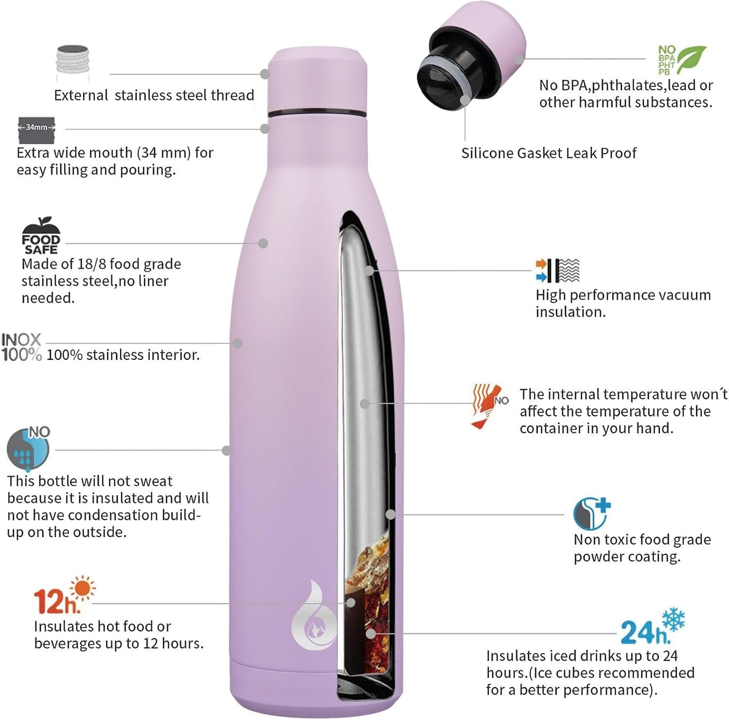 BJPKPK Insulated Water Bottle 12oz Small Stainless Steel Water Bottles Reusable Metal Thermal Keep Cold and Hot,Dreamy Purple - Colors A