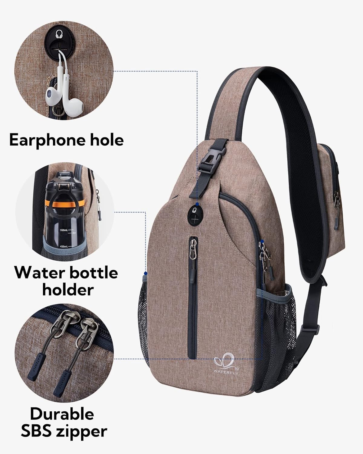 WATERFLY Crossbody Sling Backpack Sling Bag Travel Hiking Chest Bag Daypack (Black)