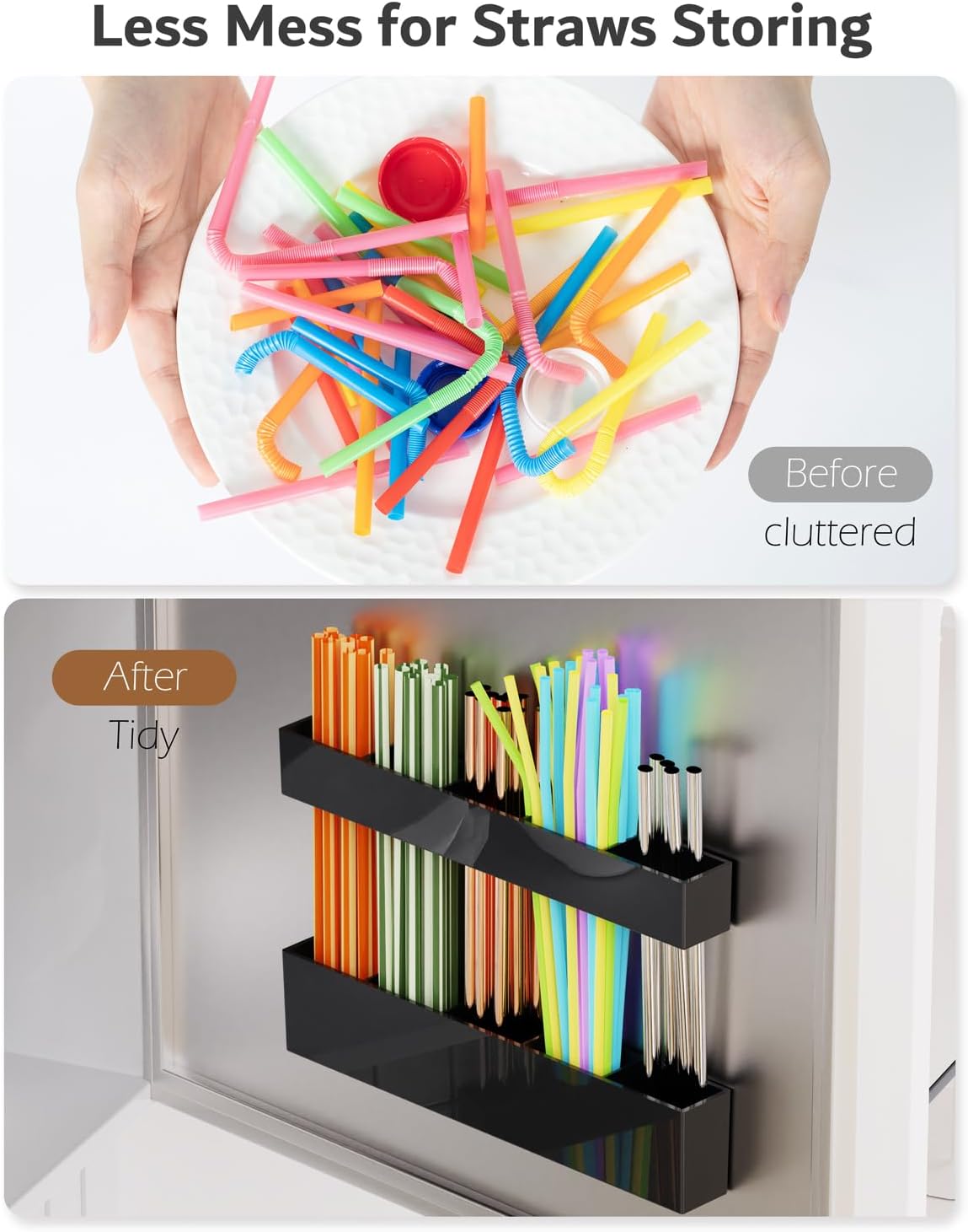 Upgraded 9.5'' Large Acrylic Straw Holder for Cabinet Door, Adjustable Space-Saving Straw Organizer Storage Dispenser for Cabinet with Ultra Sticky Adhesive Strips, 2-Part Rack, Drainage Holes