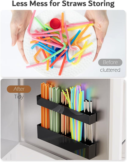 Upgraded 9.5'' Large Acrylic Straw Holder for Cabinet Door, Adjustable Space-Saving Straw Organizer Storage Dispenser for Cabinet with Ultra Sticky Adhesive Strips, 2-Part Rack, Drainage Holes