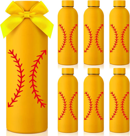 6 Pcs Softball Team Gifts Water Bottles Bulk 17 oz Softball Party Favors Decorations Stainless Steel Sports Tumblers with Bow Vacuum Insulated Reusable Leakproof Bottles for Birthday Father