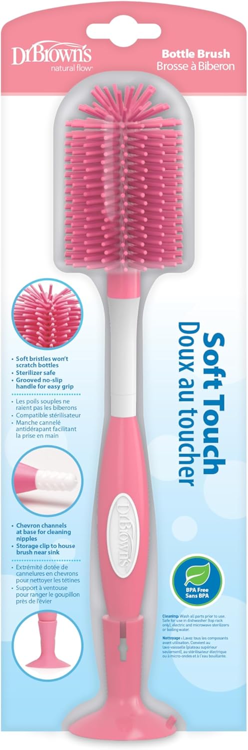 Dr. Brown's Soft Touch No Scratch Baby Bottle Cleaning Brush Nipple Cleaner with Stand and Storage Clip, BPA Free, Blue 1-Pack