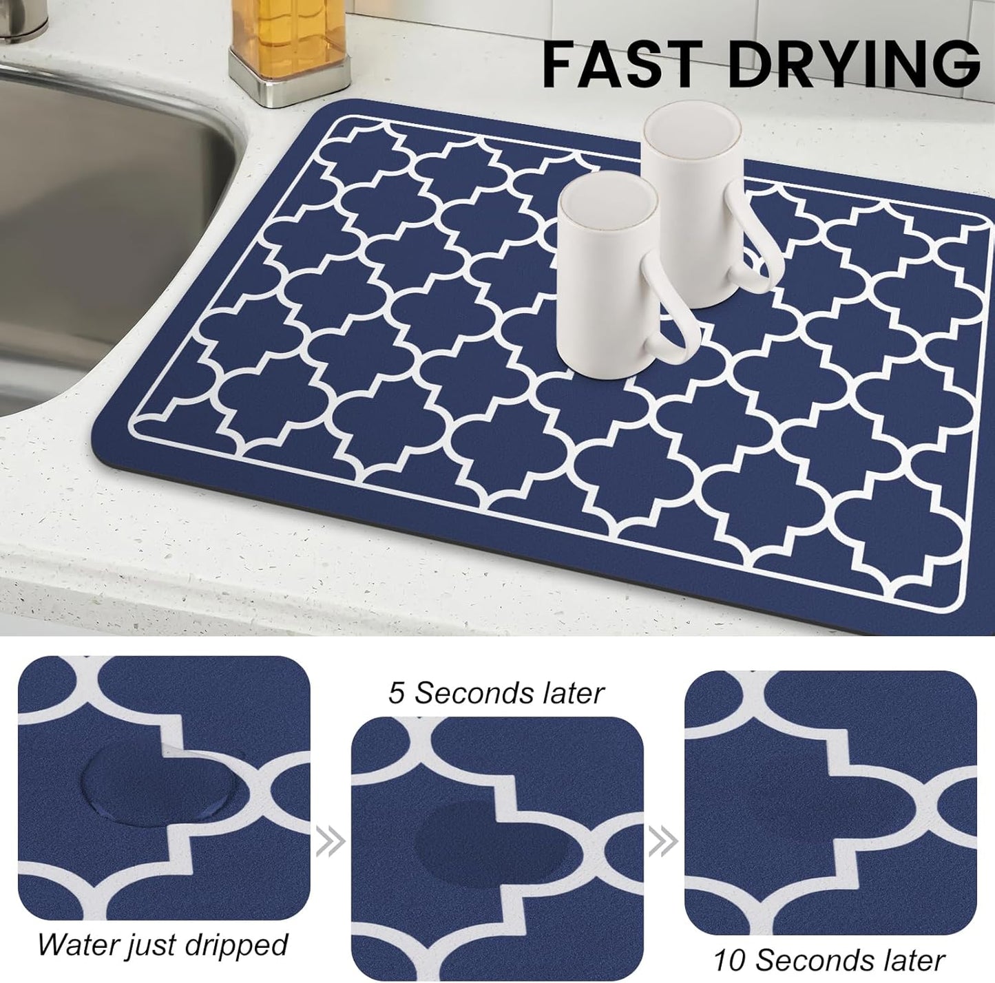 WISELIFE Dish Drying Mat Super Absorbent Drying Mat Large Dish Drying Mats for Kitchen Counter Easy Clean Dish Mat Kitchen Drying Mat15"x 18" Stylish Grey