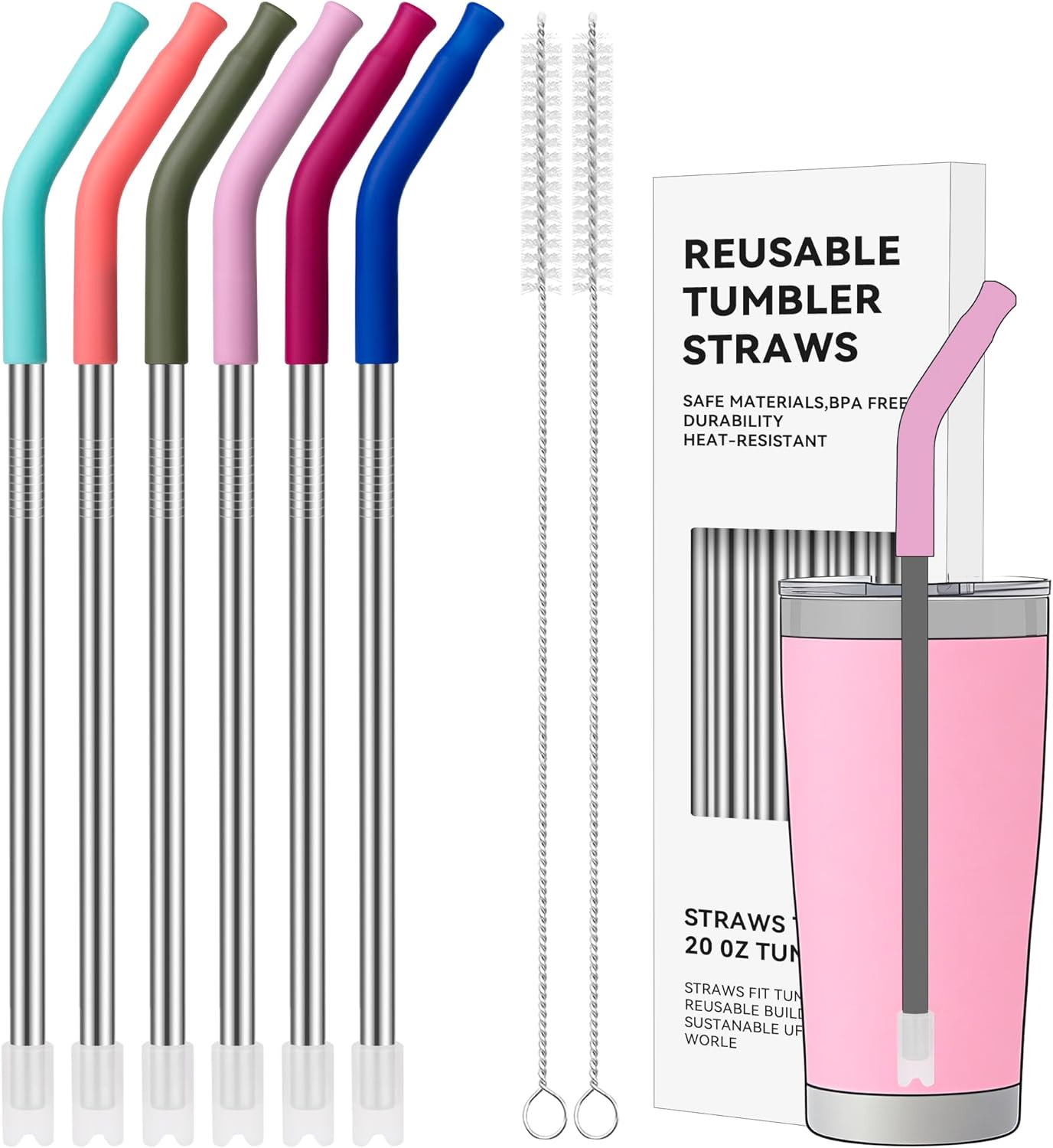 40 oz Straight Metal Straws for 40 oz Stanley Tumbler, 6 Pcs Stainless Steel Reusable Drinking Metal Straw with Colourful Silicone Tips,Straw for Glass Cups, BPA FREE