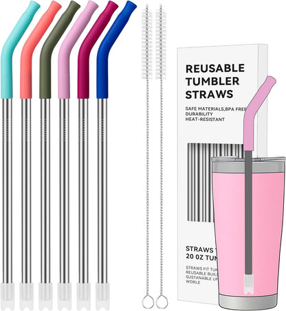 40 oz Straight Metal Straws for 40 oz Stanley Tumbler, 6 Pcs Stainless Steel Reusable Drinking Metal Straw with Colourful Silicone Tips,Straw for Glass Cups, BPA FREE