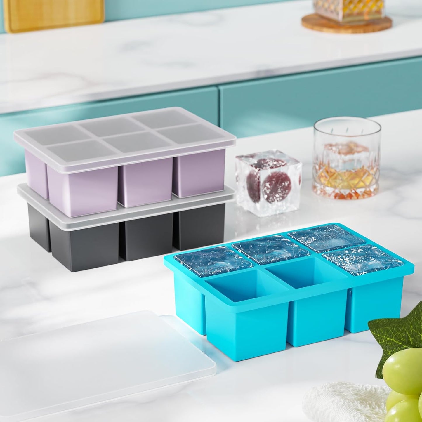 Large Ice Cube Tray for Whiskey: 2" Big Silicone Ice Tray with Lid for Whisky - 3Pack Old Fashioned Ice Cube Trays for Cocktail - Huge Square Cubed Bourbon Ice Cube Maker