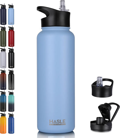 HASLE OUTFITTERS 32 oz Insulated Water Bottle Stainless Steel Double Walled Vacuum Sports Water Bottle with 2 Lids (Straw and Spout Lid) for Gym Camping Hiking(Black,1)