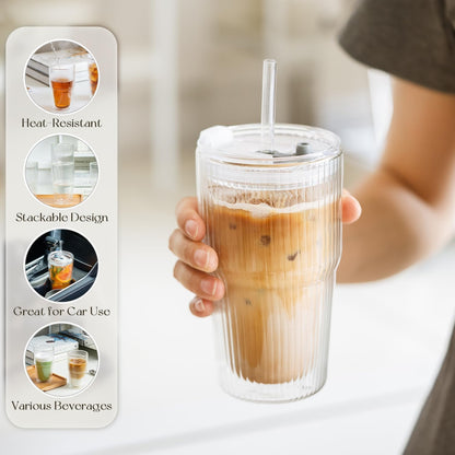 KEMORELA 16oz Ribbed Double Wall Glass Cups with Lid and Straw 2PCS, Coffee Bar Accessories，Insulated Borosilicate Glass Tumblers, To Go Iced Coffee Cups, Spill proof tumbler,tumblers & water glasses