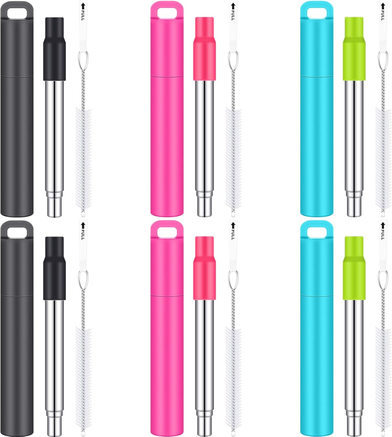 Gejoy 6 Pack Metal Reusable Straw Travel with Case Collapsible Foldable Portable Retractable Drinking Straw Stainless Steel Silicone Tip and Cleaning Brush Long for Cruise Ship Gift