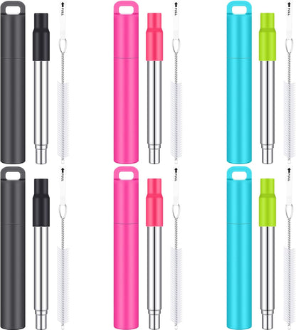 Gejoy 6 Pack Metal Reusable Straw Travel with Case Collapsible Foldable Portable Retractable Drinking Straw Stainless Steel Silicone Tip and Cleaning Brush Long for Cruise Ship Gift