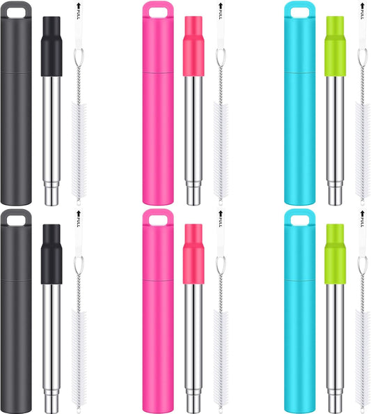 Gejoy 6 Pack Metal Reusable Straw Travel with Case Collapsible Foldable Portable Retractable Drinking Straw Stainless Steel Silicone Tip and Cleaning Brush Long for Cruise Ship Gift
