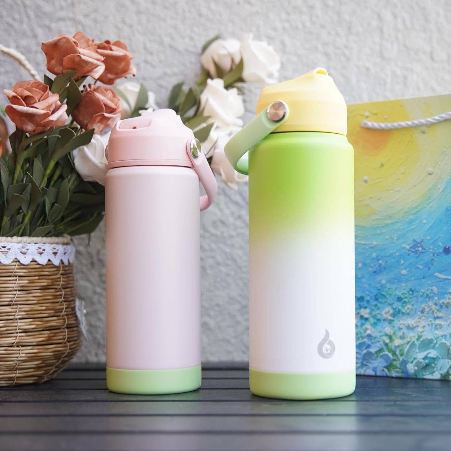 BJPKPK Insulated Water Bottle with Straw Lid, 18oz Thermo Water Bottles with Soft Nozzle, Flex Handle & Non-slip Boot, BPA Free Leak Proof Stainless Steel Metal Thermo, Tumblers, Cups,Sea Salt