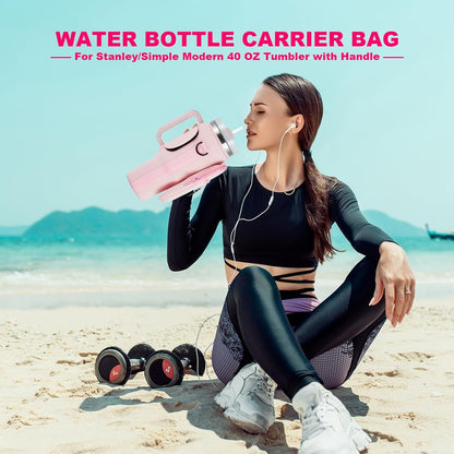 BULKITEM Water Bottle Carrier Bag with Phone Pocket for Stanley 40 & 30 oz Tumbler with Handle,Pink Insulated Neoprene Cup Holder Pouch w/Adjustable Strap for Quencher H2.0 Stanley Cup Accessories