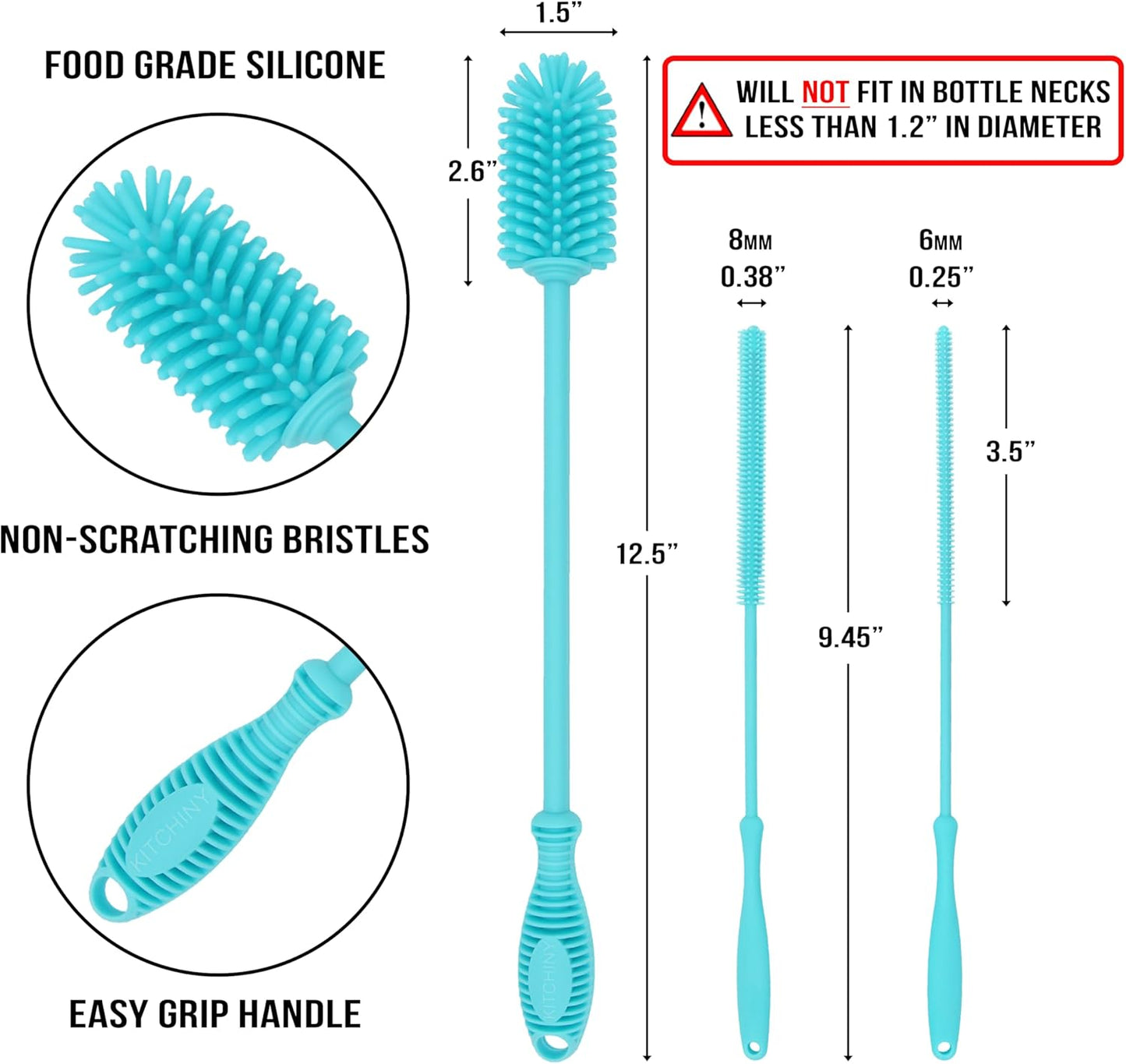 Kitchiny Silicone Bottle Brush with 2 Straw Cleaners - 12.5” Water Bottle Cleaner Brush for Yeti, Hydro Flask, Owala, Stanley, Baby Bottles, Glassware, Vases & Narrow Neck Containers - Orange
