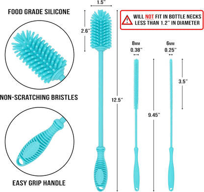 Kitchiny Silicone Bottle Brush with 2 Straw Cleaners - 12.5” Water Bottle Cleaner Brush for Yeti, Hydro Flask, Owala, Stanley, Baby Bottles, Glassware, Vases & Narrow Neck Containers - Orange