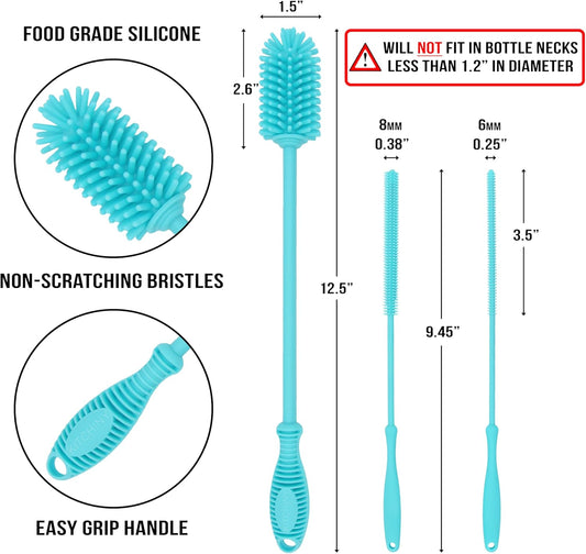 Kitchiny Silicone Bottle Brush with 2 Straw Cleaners - 12.5” Water Bottle Cleaner Brush for Yeti, Hydro Flask, Owala, Stanley, Baby Bottles, Glassware, Vases & Narrow Neck Containers - Orange