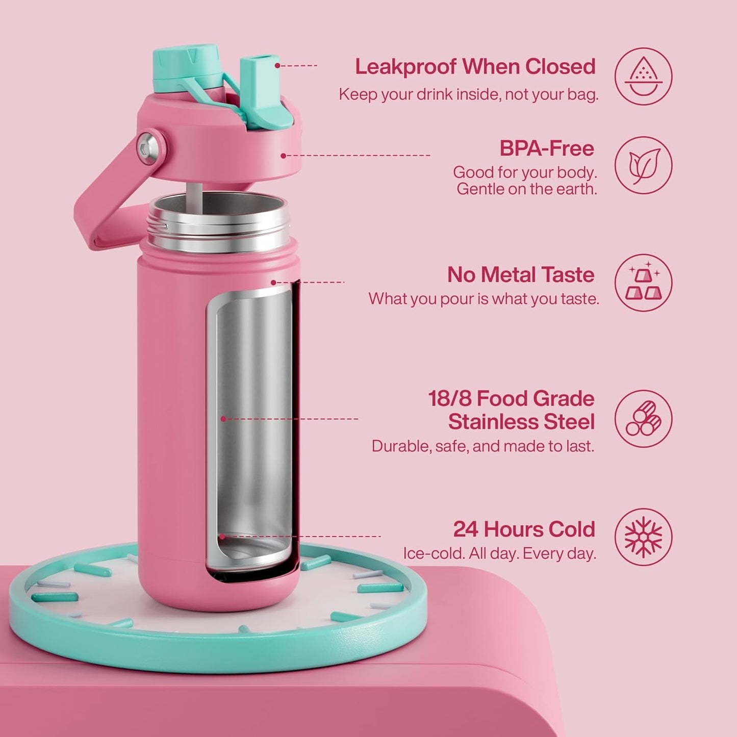 ENCOOL Insulated Water Bottle with Straw Stainless Steel Water Bottle, Leak-Proof, BPA-Free, Double Wall Vacuum Keeps Cold for 24 Hours for Sports, Travel, School (26 oz, Cotton Candy) - Colors C