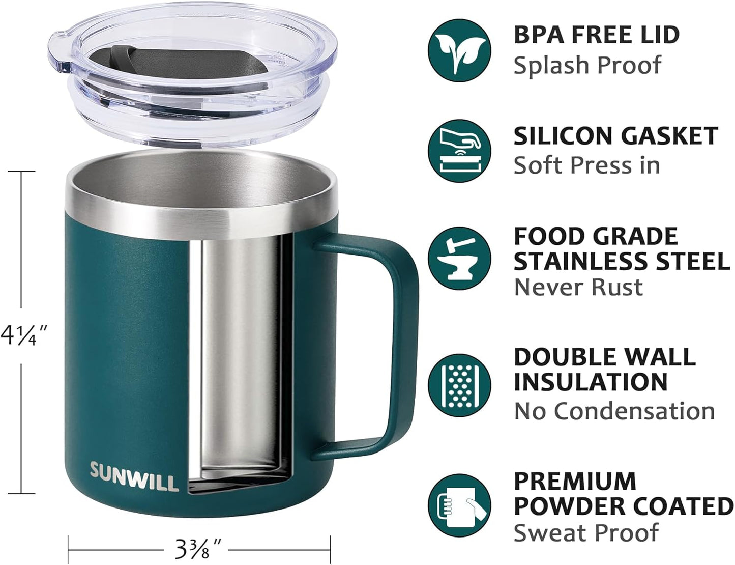 SUNWILL Travel Coffee Mug with Lid, Insulated Tumbler with Handle, 14 oz Stainless Steel Cup for Ice, Water, Tea, Rose Gold