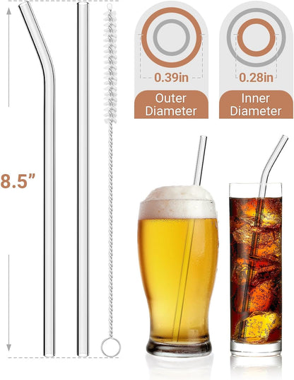 Foogwee® 20 Packs Reusable Glass Straws Set, 8.5'' x 10mm Clear Drinking Straws for Smoothies, Shakes, Coffee, Juice, Sodas, Milk, Tea, Cocktails, Set of 8 Straight and 8 Bent with 4 Cleaning Brushes