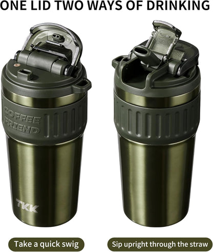 TKK Insulated Coffee Mug with Ceramic Coating, 21oz Iced Coffee Tumbler Cup with Straw Lid Double Wall Vacuum Leak Proof Travel Mug with Strap for Hot and Iced Beverage, Tungsten Steel