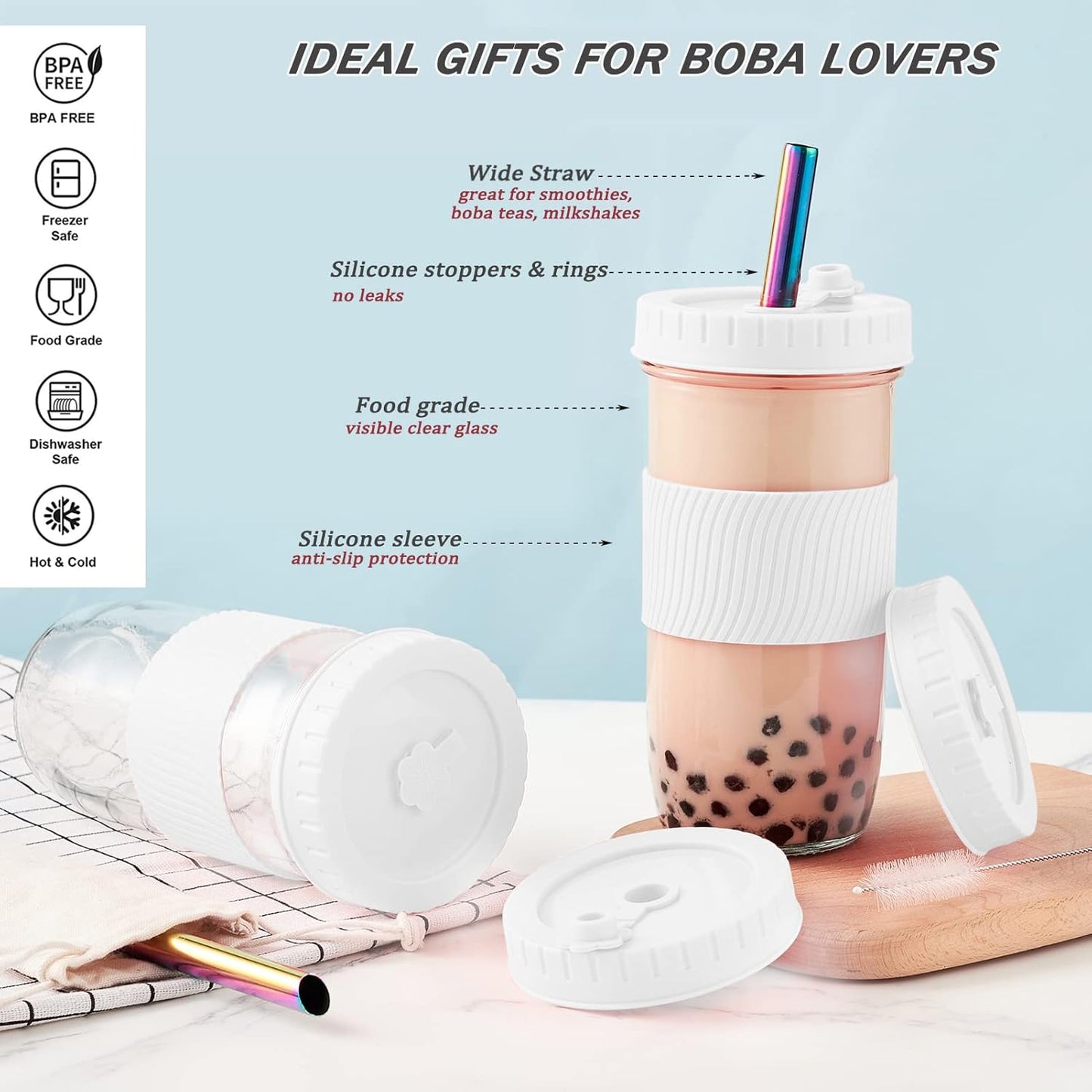 Amyoole 2 Pack Reusable Boba Cup, 24Oz Wide Mouth Smoothie Cup,mason Jar Glass Cups with Lids and Straws,Bubble/Boba Tea Cups,Ice Coffee Tumbler 2 colored straws 1 sponge brush(Pink)