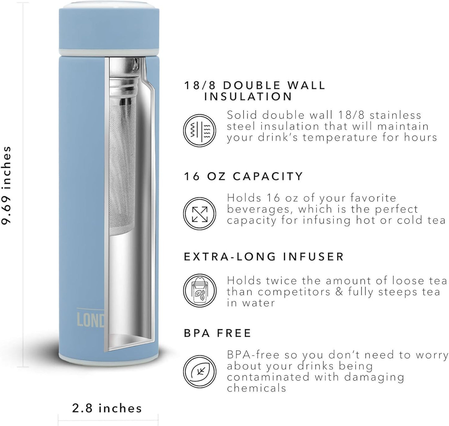 The London Sip Multi-Purpose Travel Mug and Tumbler Fruit Infused Flask Hot and Cold Double Wall Stainless Steel Thermos with Extra-Long Infuser, Purple