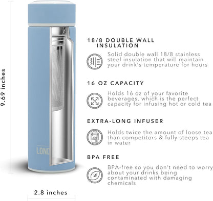 The London Sip Multi-Purpose Travel Mug and Tumbler Fruit Infused Flask Hot and Cold Double Wall Stainless Steel Thermos with Extra-Long Infuser, Purple