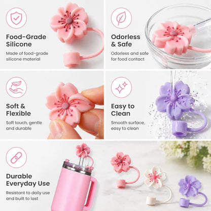 BTYHAOS Silicone Straw Caps for 10mm Tumblers | Reusable Dust-Proof Straw Toppers Compatible with Stanley 30oz & 40oz Tumblers (Purple Flower 3pc)